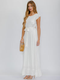WOMEN'S RUFFLE SLEEVES SELF TIE ELASTIC WAIST MAXI DRESS