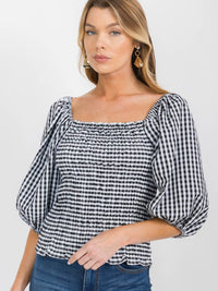 WOMEN'S 3/4 PUFF SLEEVES SQUARE NECK SMOCK PLAID BLOUSE