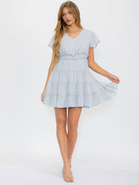 WOMEN'S SHORT SLEEVE V-NECK SMOCK WAIST SWISS DETAILED MINI DRESS