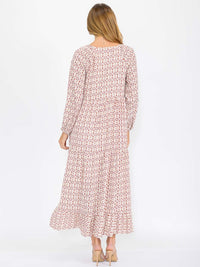 WOMEN'S LONG SLEEVES BUTTON UP TIERED PRINTED MAXI DRESS