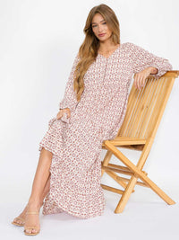 WOMEN'S LONG SLEEVES BUTTON UP TIERED PRINTED MAXI DRESS