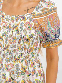 WOMEN'S SHORT SLEEVES SMOCK TIERED PRINTED MAXI DRESS