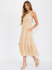 WOMEN'S SLEEVELESS TIERED POLKA DOTS FRONT POCKETS MAXI DRESS