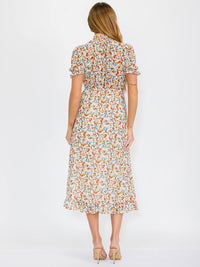 WOMEN'S SHORT SLEEVES MOCK NECK ELASTIC WAIST FLORAL MAXI DRESS