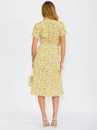 WOMEN'S SHORT SLEEVE SURPLICE FRONT TIE FLOWER PRINT MIDI DRESS