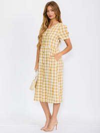 WOMEN'S SHORT SLEEVE V-NECK BUTTON CLOSURE FRONT POCKETS PLAID MIDI DRESS