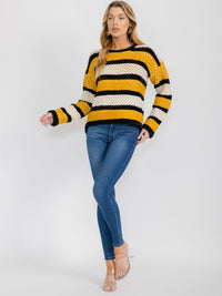 WOMEN'S LONG SLEEVE COLORBLOCK STRIPES KNIT PULLOVER SWEATER