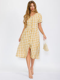 WOMEN'S SHORT SLEEVE V-NECK BUTTON CLOSURE FRONT POCKETS PLAID MIDI DRESS