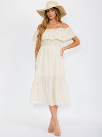 WOMEN'S OFF SHOULDER ELASTIC WAIST TIERED STRIPES MIDI DRESS
