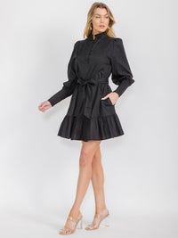 WOMEN'S LONG SLEEVE BUTTON UP SELF TIE POCKETS TIERED MINI DRESS