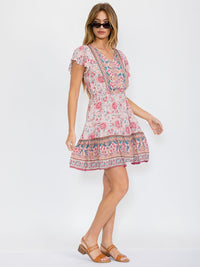 WOMEN'S RUFFLE SLEEVE V-NECK ELASTIC WAIST FLORAL MINI DRESS