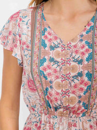 WOMEN'S RUFFLE SLEEVE V-NECK ELASTIC WAIST FLORAL MINI DRESS