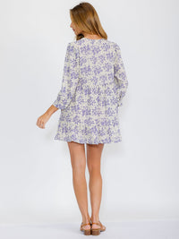 WOMEN'S 3/4 SLEEVES TIERED SURPLICE TRIM DETAILED FLORAL TUNIC MINI DRESS