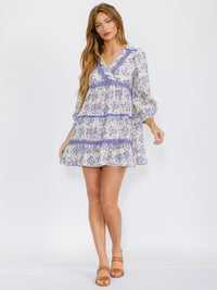 WOMEN'S 3/4 SLEEVES TIERED SURPLICE TRIM DETAILED FLORAL TUNIC MINI DRESS
