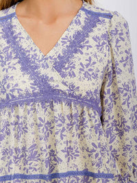 WOMEN'S 3/4 SLEEVES TIERED SURPLICE TRIM DETAILED FLORAL TUNIC MINI DRESS