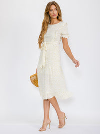 WOMEN'S SHORT SLEEVE ELASTIC WAIST SELF TIE FLOWER PRINT MIDI DRESS