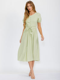 WOMEN'S SHORT SLEEVES BUTTON UP SELF TIE ELASTIC WAIST MAXI DRESS