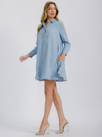 WOMEN'S 3/4 SLEEVE FRONT POCKETS WASHED TUNIC DENIM MINI DRESS (Copy)