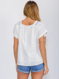 WOMEN'S SHORT SLEEVE SQUARE NECK EMBROIDERY TUNIC BLOUSE