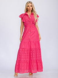 WOMEN'S RUFFLE SLEEVE BUTTON UP EYELET DETAILED MAXI DRESS