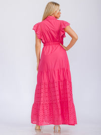 WOMEN'S RUFFLE SLEEVE BUTTON UP EYELET DETAILED MAXI DRESS