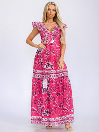 WOMEN'S RUFFLE SLEEVE V-NECK TIERED MULTI PRINT MAXI DRESS