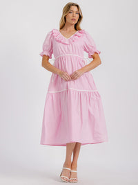 WOMEN'S SHORT SLEEVES RUFFLE NECK TIERED MAXI DRESS