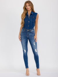 WOMEN'S SLEEVELESS BUTTON UP FRONT POCKETS DENIM BODYSUIT