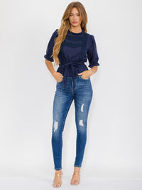 WOMEN'S SHORT SLEEVE SELF TIE DETAILED BLOUSE