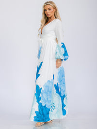 WOMEN'S LONG BELL SLEEVE V-NECK SELF TIE FLORAL PRINT MAXI DRESS
