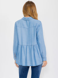 WOMEN'S LONG SLEEVE BUTTON UP POCKETS CHAMBRAY PEPLUM BLOUSE