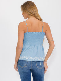 WOMEN'S SLEEVELESS SMOCK PEPLUM EMBROIDERY DETAILED TANK TOP