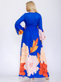 WOMEN'S LONG BELL SLEEVE V-NECK SELF TIE FLORAL PRINT MAXI DRESS