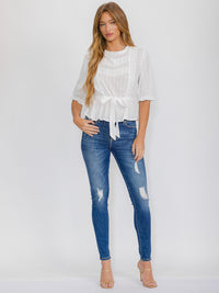 WOMEN'S SHORT SLEEVE SELF TIE DETAILED BLOUSE