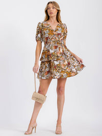 WOMEN'S SHORT SLEEVE SURPLICE TIERED SMOCK FLORAL MINI DRESS