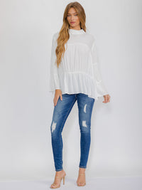 WOMEN'S LONG BELL SLEEVE MOCK NECK TUNIC BLOUSE