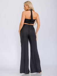 WOMEN'S CROP TOP & ELASTIC WAIST PANTS FLOWER DETAILED 2PC SET