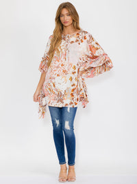 WOMEN'S SHORT SLEEVE TUNIC MULTI PRINT BLOUSE