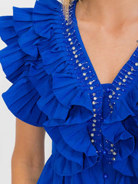 WOMEN'S SHORT SLEEVE BUTTON UP RUFFLE V-NECK BLOUSE