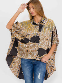 WOMEN'S SHORT SLEEVE BUTTON UP HIGH-LOW STUDS TUNIC BLOUSE