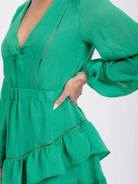 WOMEN'S LONG SLEEVE V-NECK CUT OUT ELASTIC WAIST RUFFLE MINI DRESS