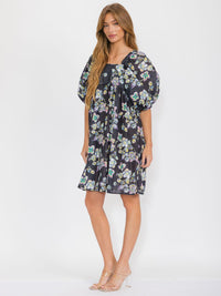 WOMEN'S SHORT PUFF SLEEVE SQUARE NECK FLORAL TUNIC MIDI DRESS