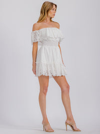 WOMEN'S OFF SHOULDER SMOCK WAIST EYELET RUFFLE MINI DRESS