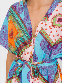 WOMEN'S SHORT SLEEVES V-NECK BUTTON UP MULTI PRINT MAXI DRESS