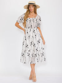 WOMEN'S SHORT SLEEVES ELASTIC WAIST TIERED FLORAL MIDI DRESS