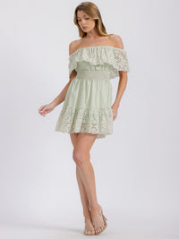 WOMEN'S OFF SHOULDER SMOCK WAIST EYELET RUFFLE MINI DRESS