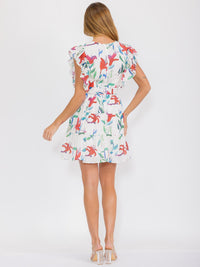WOMEN'S SHORT RUFFLE SLEEVE V-NECK SELF TIE FRONT POCKETS FLORAL MINI DRESS