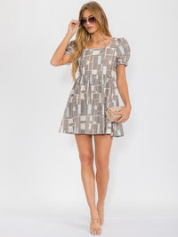WOMEN'S SHORT PUFF SLEEVE SQUARE NECK PRINTED MINI DRESS