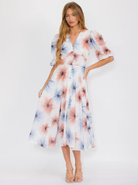WOMEN'S SHORT PUFF SLEEVES V-NECK BUTTON UP FLORAL MAXI DRESS