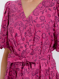 WOMEN'S SHORT PUFF SLEEVE SELF TIE V-NECK FLORAL MIDI DRESS